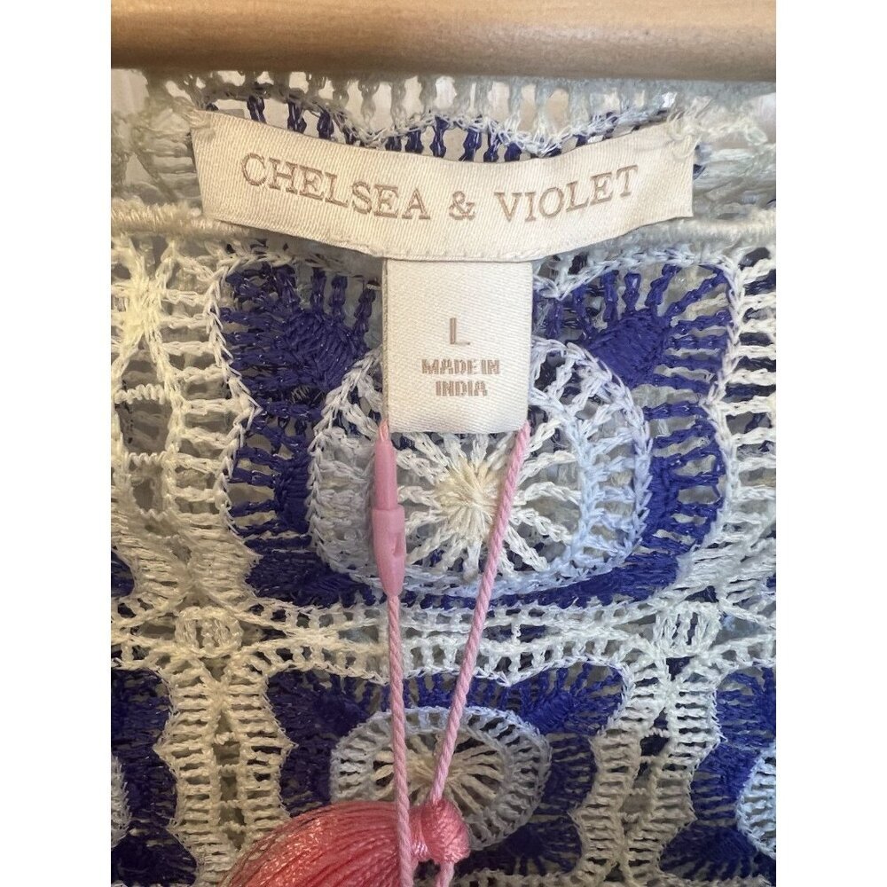 Chelsea & Violet Bonnie Square Neck Crochet Top L Blue Cream Long Sleeve Boho - Picture 6 of 9